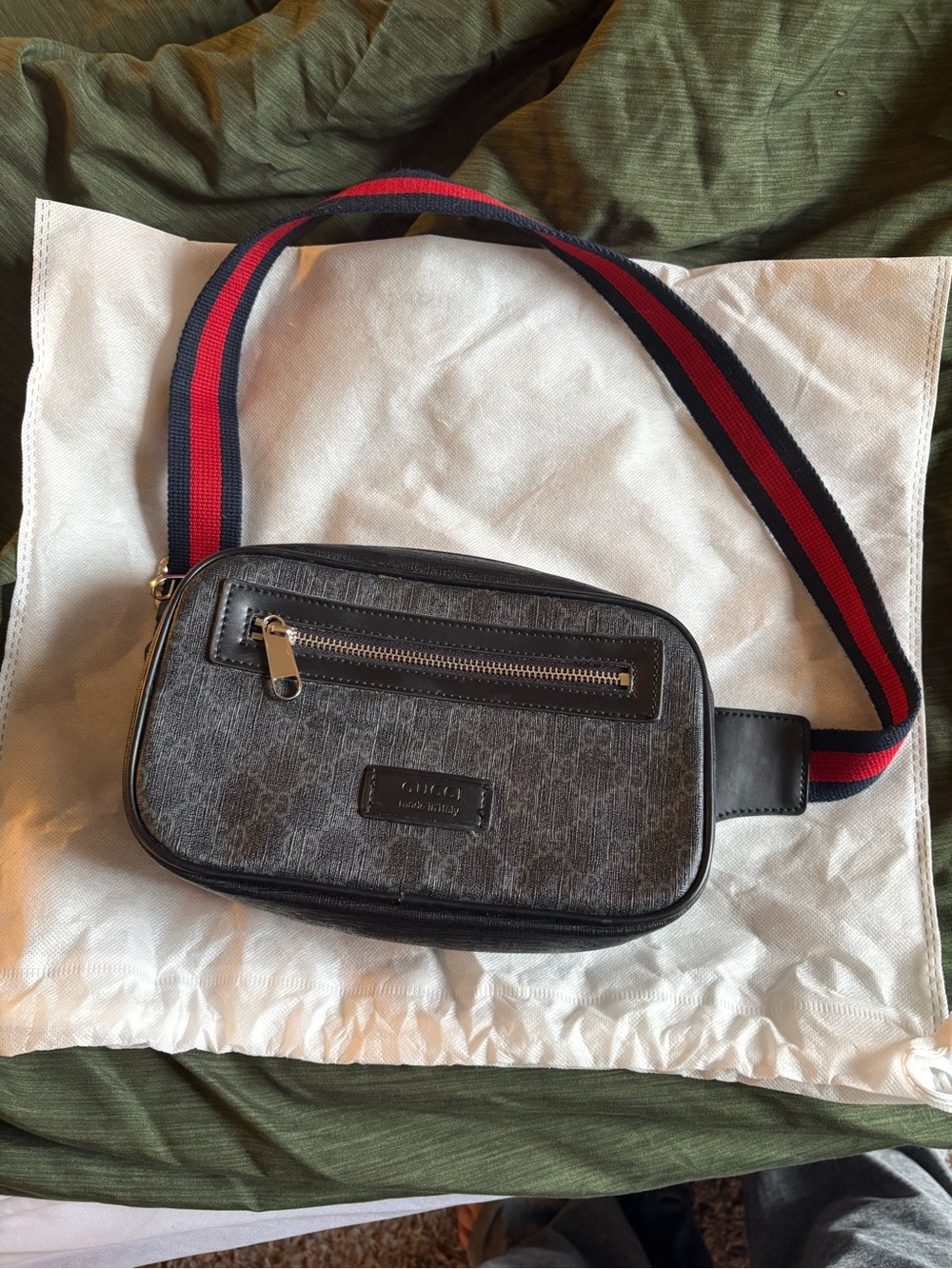 Gucci Black/Gray Monogram Belt Bag with Navy-Red Web Strap